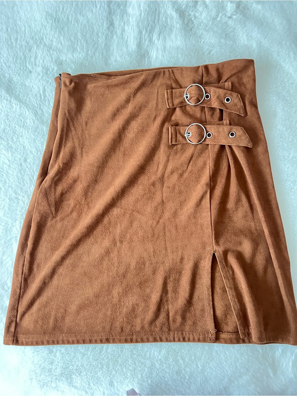Suede-Look Rust Mini Skirt with Buckle Straps